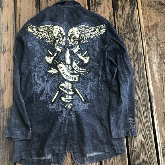 Gear Seven Collection Skull Embroidery Jean Jacket Size M Mens Blue Denim Coat - Picture 1 of 7